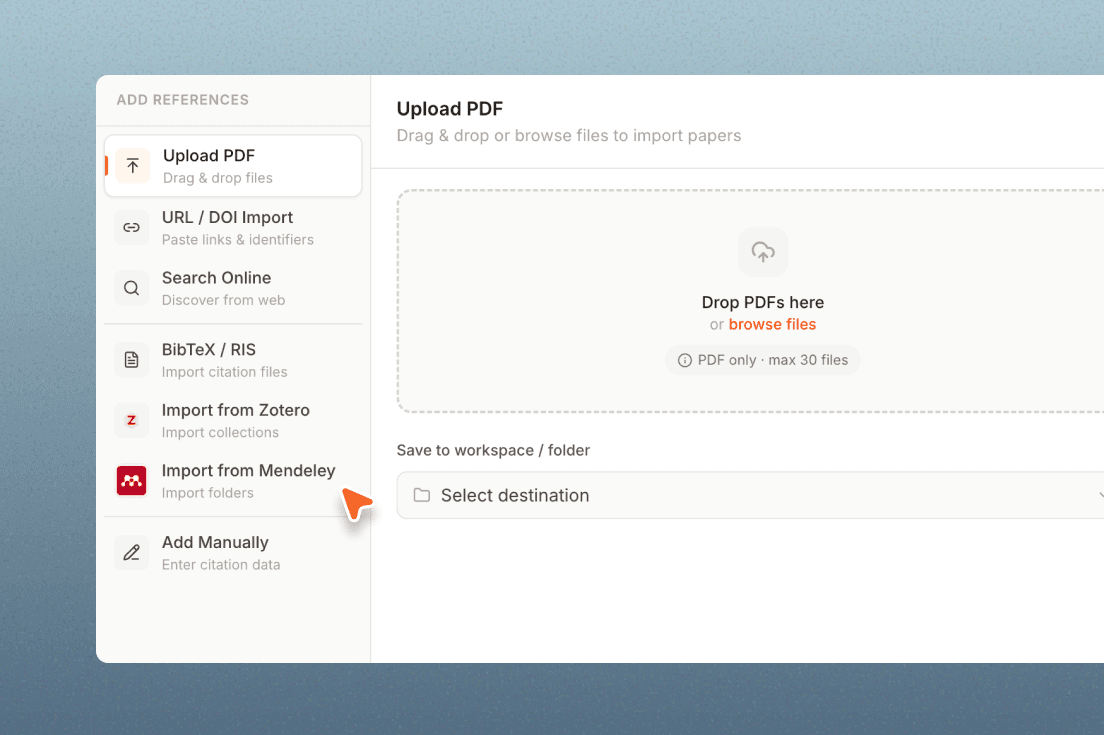 Add references — import from Zotero, Mendeley, or DOI